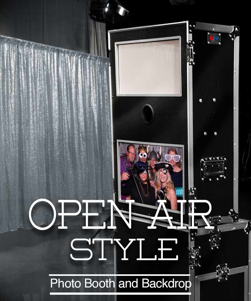 Open Air Photo Booth Snap Me Crazy photo booths open air photo booth. This style of photobooth is great for parties and weddings so guests can stand in front of a cool backdrop, strike-a-pose and snap some fun photos and cool photo strips with logos and artwork designs.