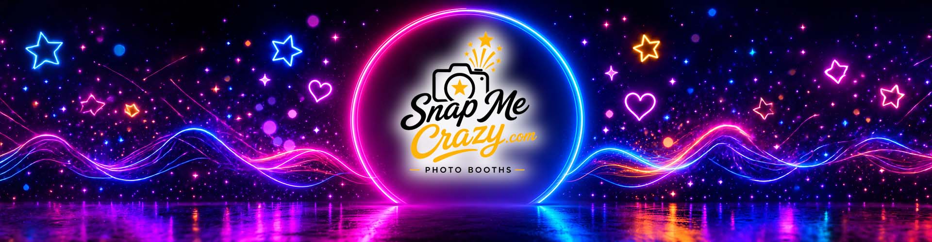 Snap Me Crazy Banner with Logo large banner showing a colorful glowing background and multiple people posing and striking a pose for a photo booth picture.