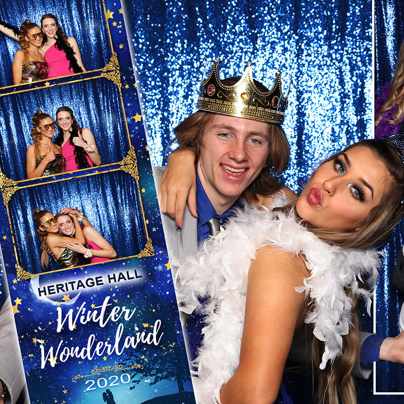 Heritage Hall Prom A high school boy and girl pose in front of a camera in a photo booth. Well designed photo strips are also shown showing the schools "Winter Wonderland Theme"