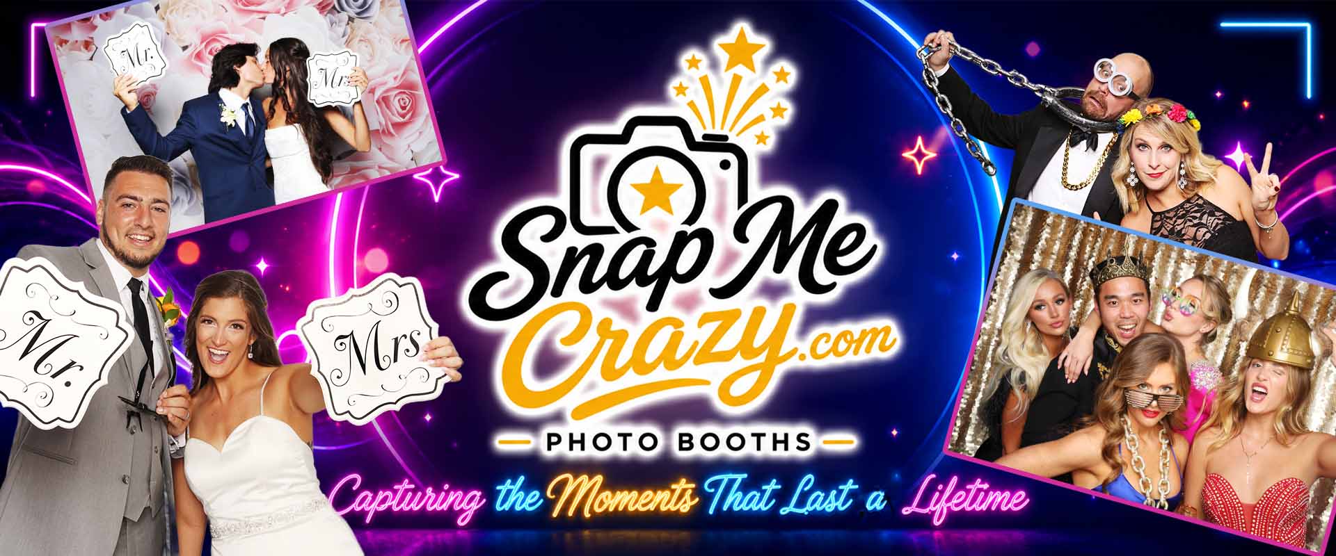 SMC-Banner-12-2024_170K_1920by600px Snap Me Crazy Photo Booths offers photo booths for your wedding, event or party! Crazy props, slideshow, online gallery, social media uploads, scrapbook, gifs, animations, and more.